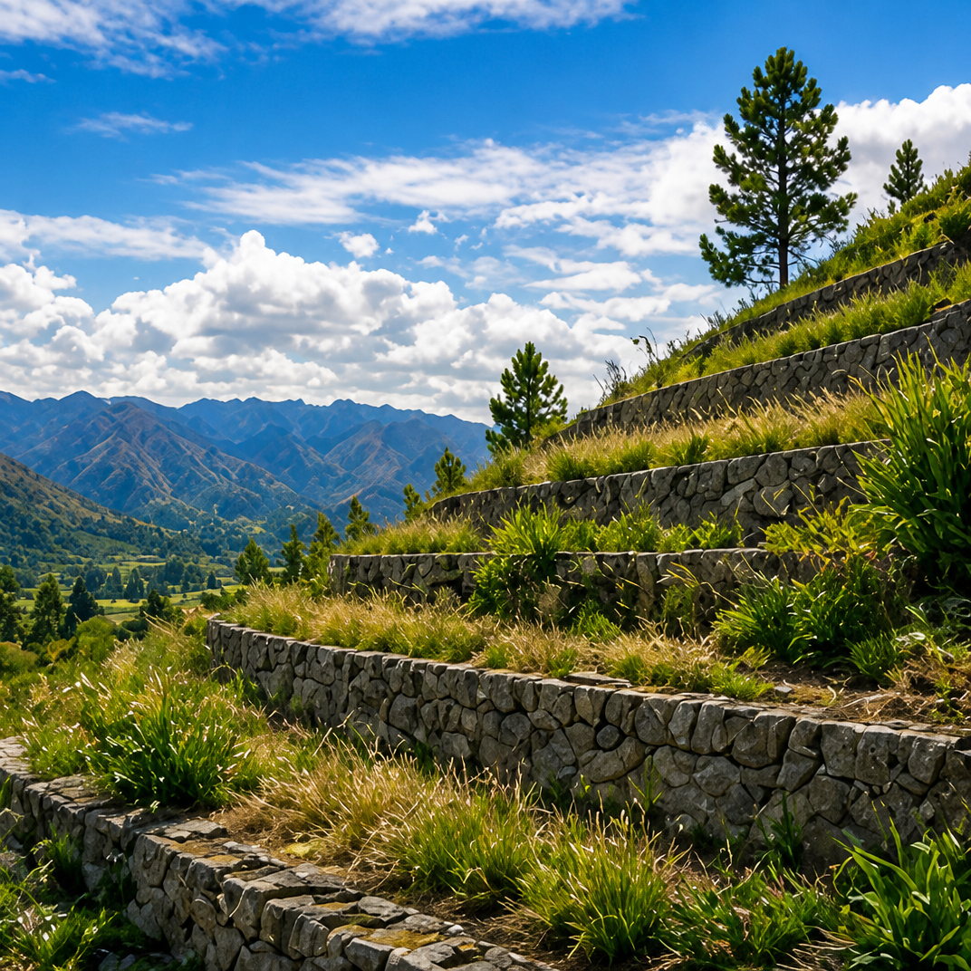 Terrazas de piedra que descienden con la ladera